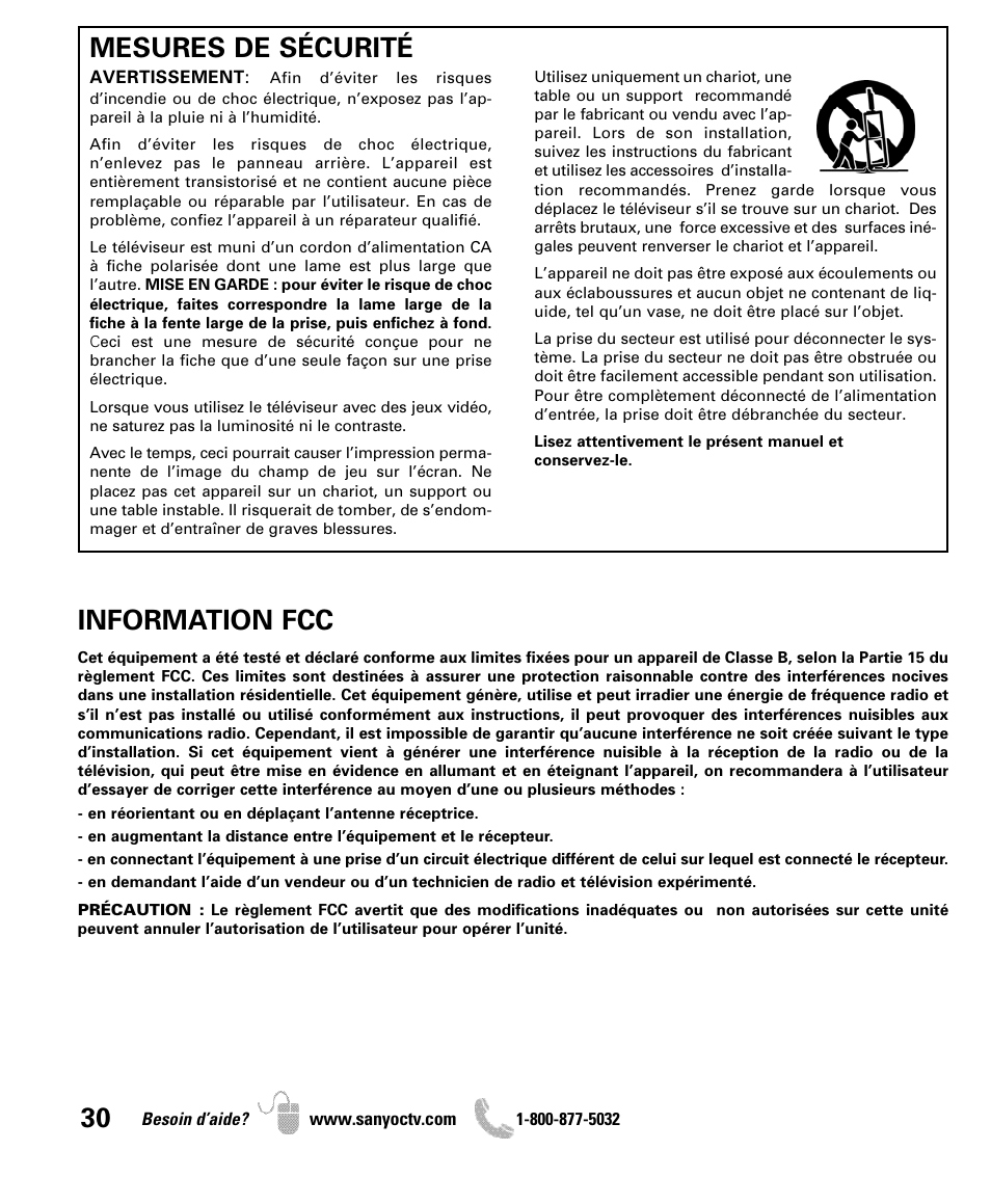 Mesures de sécurité, Information fcc | Sanyo DP42841 User Manual | Page 30 / 44