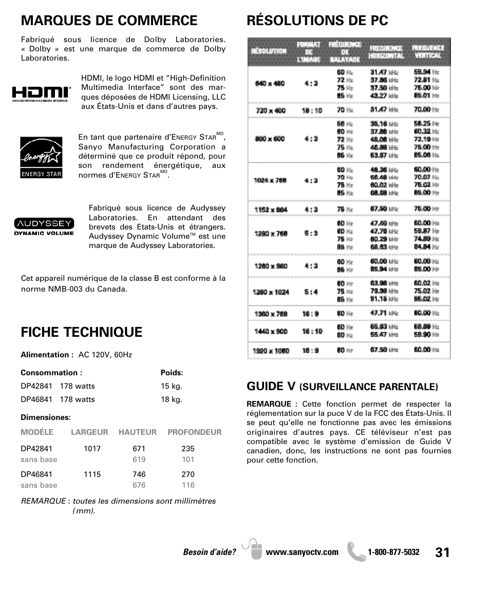 Guide v | Sanyo DP42841 User Manual | Page 31 / 44