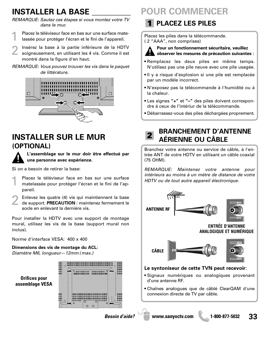Pour commencer, Installer sur le mur, Installer la base | Sanyo DP42841 User Manual | Page 33 / 44