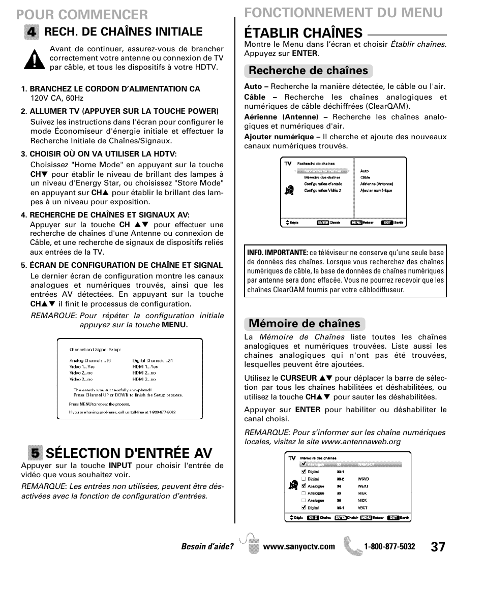Pour commencer, Sélection d'entrée av, Établir chaînes | Fonctionnement du menu, Rech. de chaînes initiale, Recherche de chaînes, Mémoire de chaînes | Sanyo DP42841 User Manual | Page 37 / 44