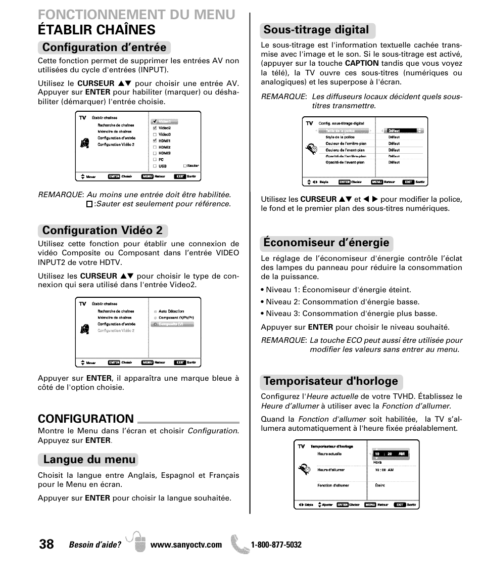 Établir chaînes fonctionnement du menu, Configuration d’entrée, Configuration vidéo 2 configuration | Langue du menu, Sous-titrage digital, Économiseur d’énergie, Temporisateur d'horloge | Sanyo DP42841 User Manual | Page 38 / 44