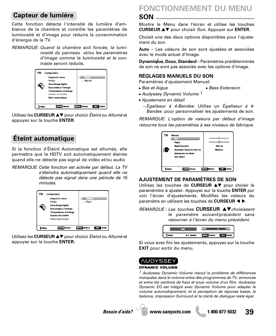 Fonctionnement du menu, Capteur de lumiére, Éteint automatique | Sanyo DP42841 User Manual | Page 39 / 44