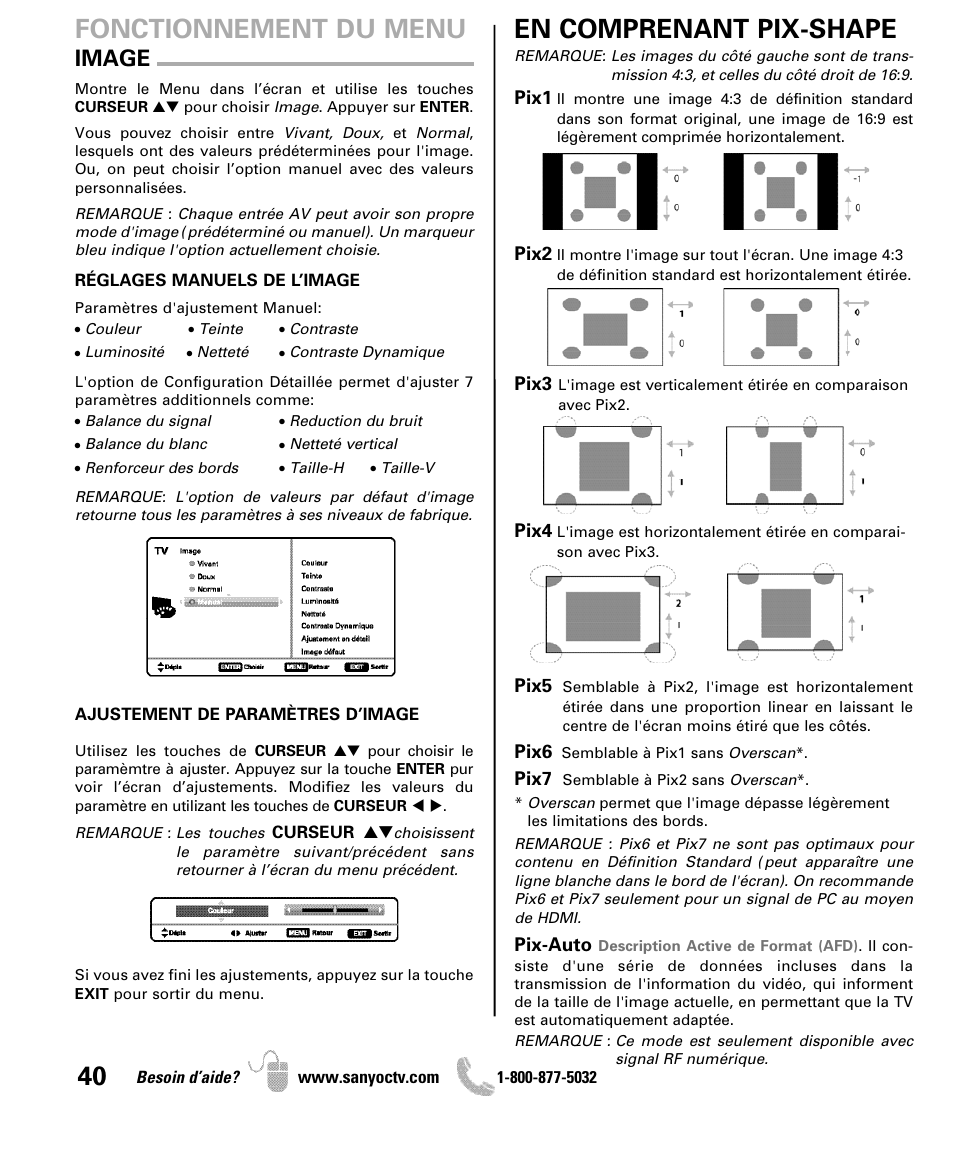 En comprenant pix-shape, Fonctionnement du menu, Image | Sanyo DP42841 User Manual | Page 40 / 44