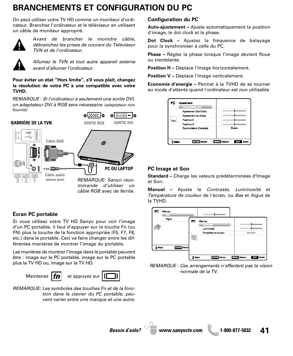 Branchements et configuration du pc | Sanyo DP42841 User Manual | Page 41 / 44