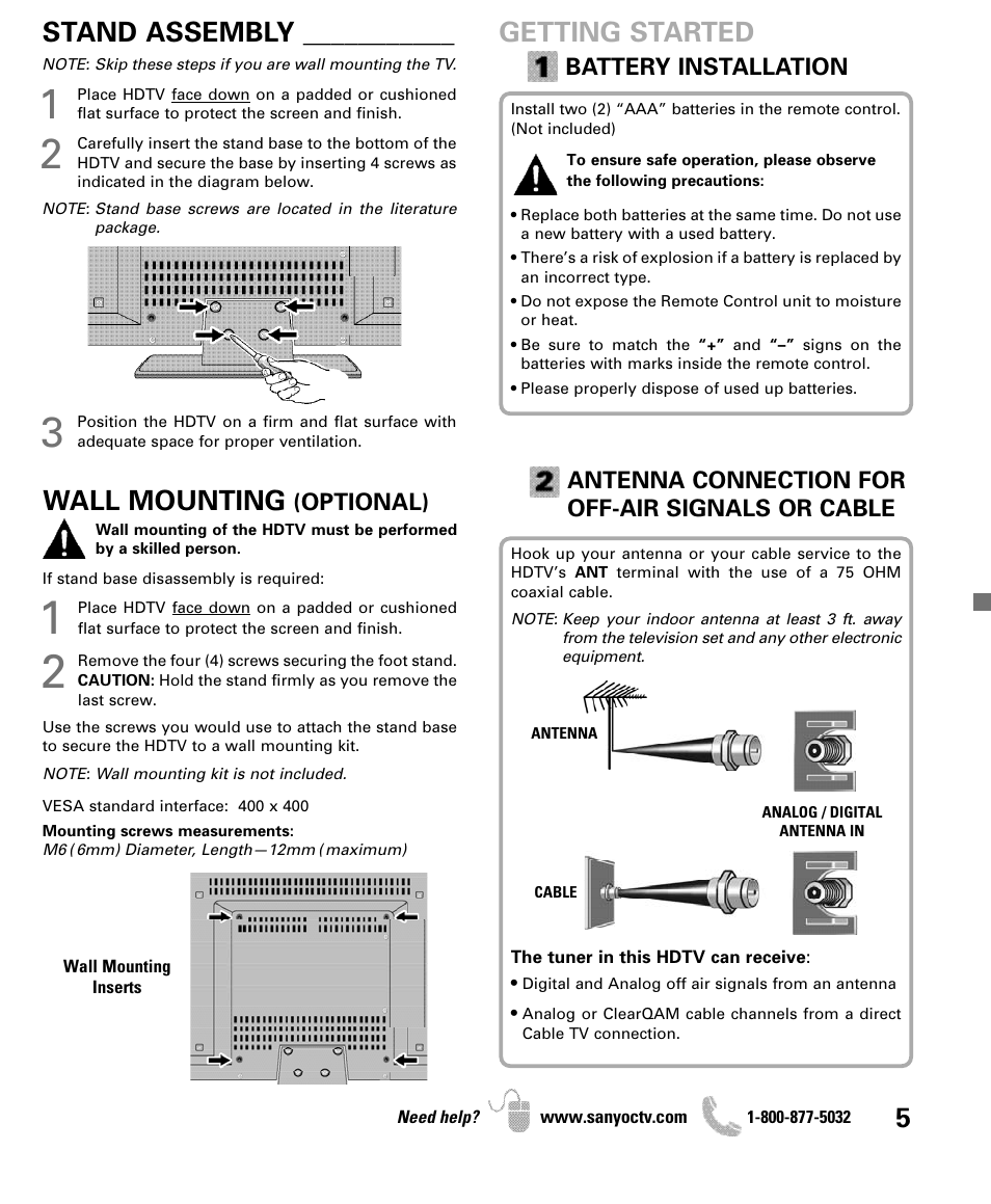 Getting started, Wall mounting, Stand assembly | Sanyo DP42841 User Manual | Page 5 / 44