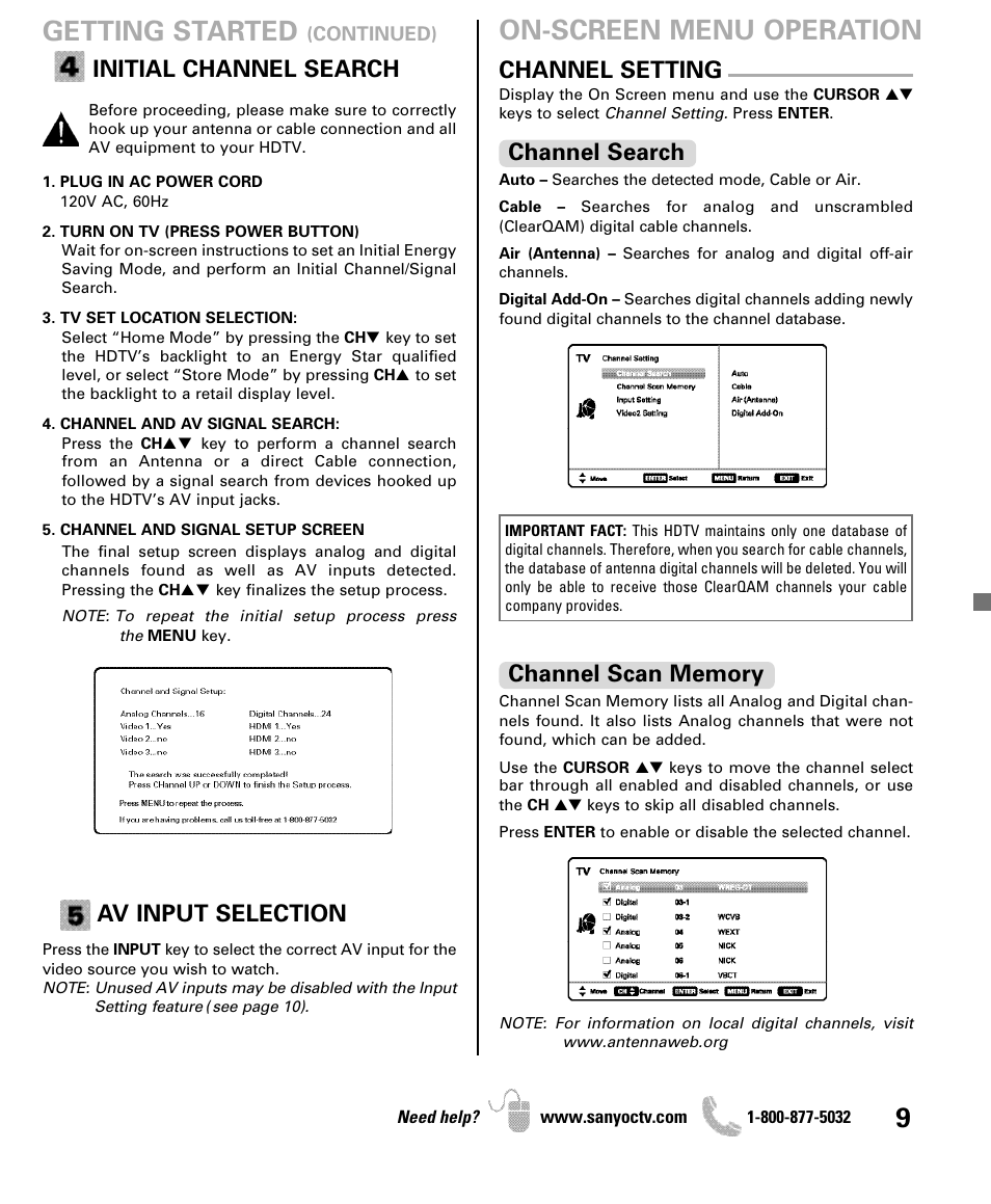 Getting started, On-screen menu operation, Initial channel search | Av input selection, Channel setting, Channel search | Sanyo DP42841 User Manual | Page 9 / 44