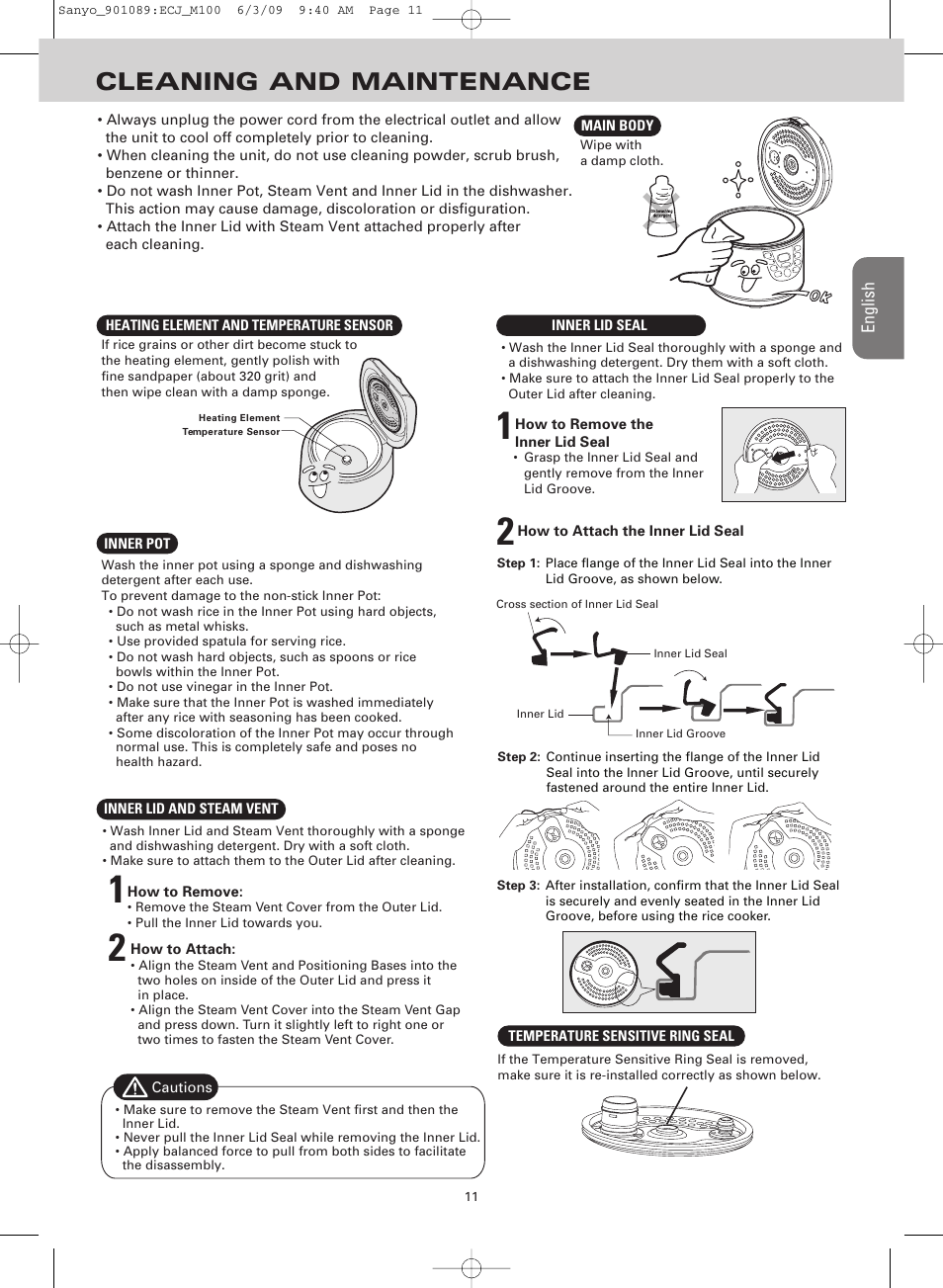 Cleaning and maintenance | Sanyo RICE COOKER & VERSATILE COOKER ECJ-M100S User Manual | Page 11 / 32