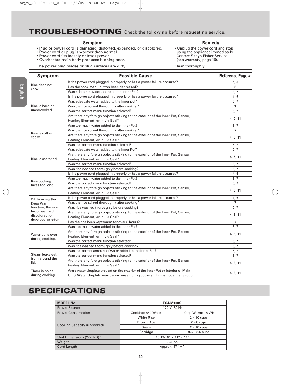 Specifications, Troubleshooting, En g lis h | Sanyo RICE COOKER & VERSATILE COOKER ECJ-M100S User Manual | Page 12 / 32