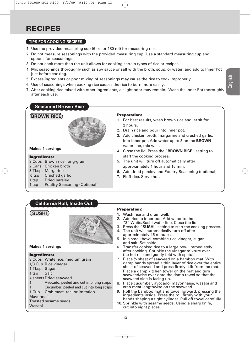 Recipes | Sanyo RICE COOKER & VERSATILE COOKER ECJ-M100S User Manual | Page 13 / 32