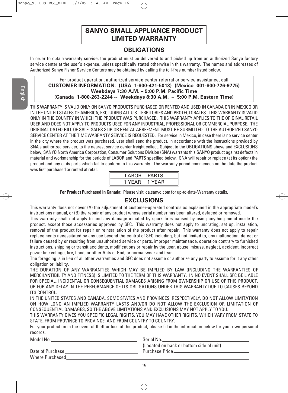Sanyo small appliance product limited warranty | Sanyo RICE COOKER & VERSATILE COOKER ECJ-M100S User Manual | Page 16 / 32