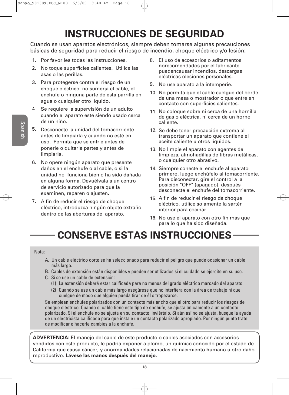 Instrucciones de seguridad, Conserve estas instrucciones | Sanyo RICE COOKER & VERSATILE COOKER ECJ-M100S User Manual | Page 18 / 32