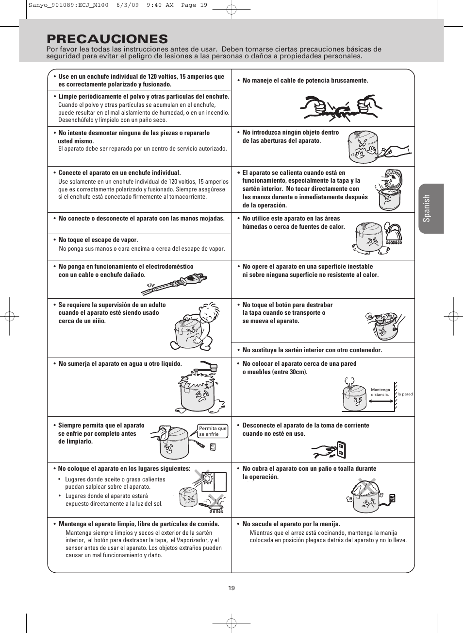 Precauciones, Sp a n is h | Sanyo RICE COOKER & VERSATILE COOKER ECJ-M100S User Manual | Page 19 / 32