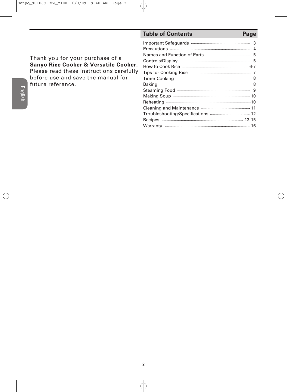 Sanyo RICE COOKER & VERSATILE COOKER ECJ-M100S User Manual | Page 2 / 32