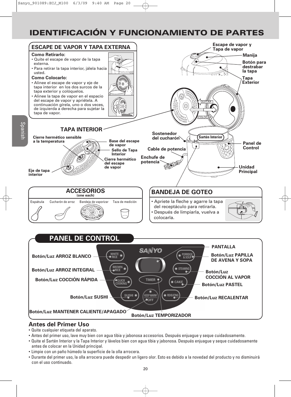 Identificación y funcionamiento de partes, Panel de control, Antes del primer uso | Accesorios, Bandeja de goteo, Sp a n is h, Escape de vapor y tapa externa, Tapa interior | Sanyo RICE COOKER & VERSATILE COOKER ECJ-M100S User Manual | Page 20 / 32