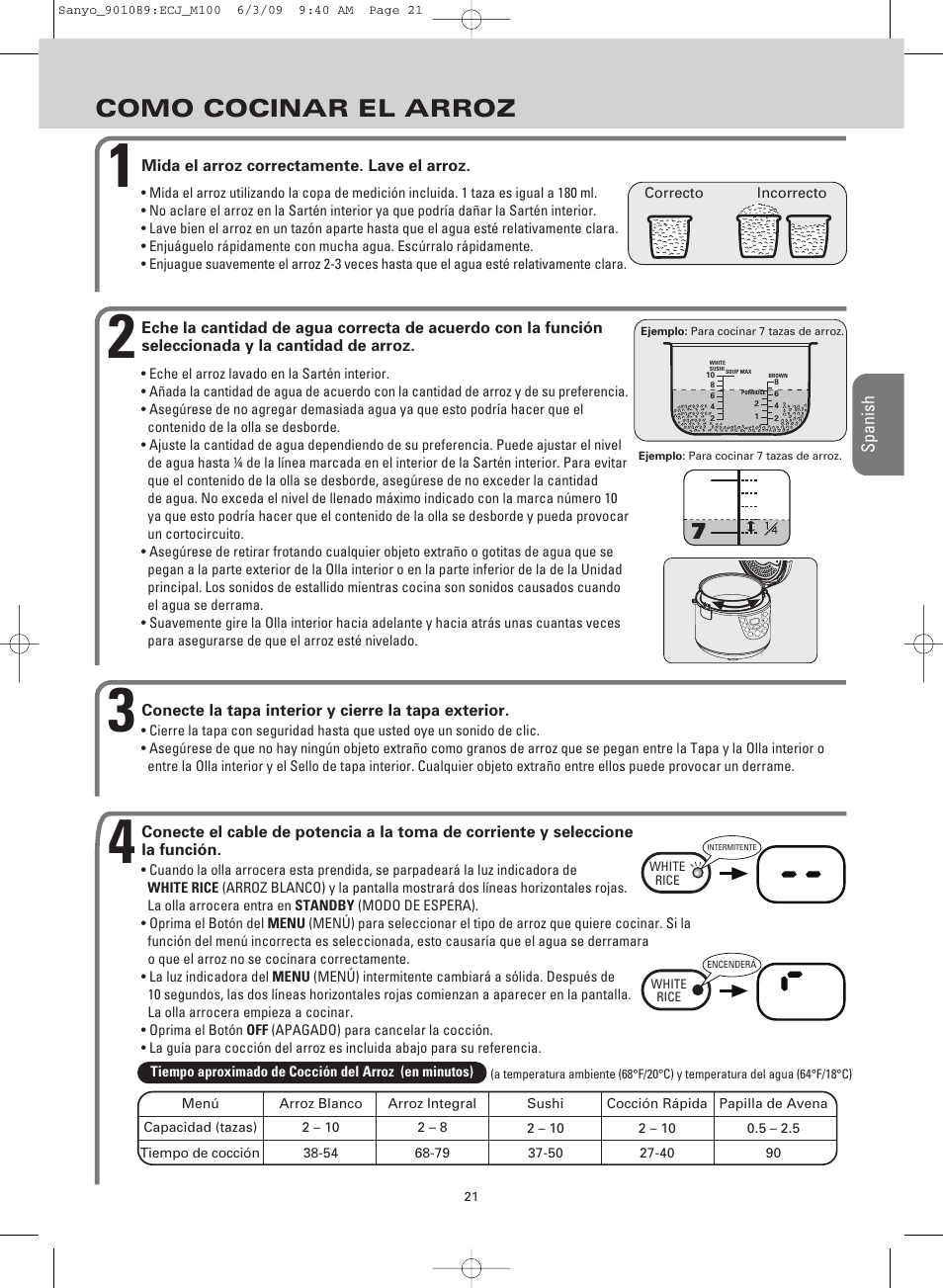 Como cocinar el arroz | Sanyo RICE COOKER & VERSATILE COOKER ECJ-M100S User Manual | Page 21 / 32