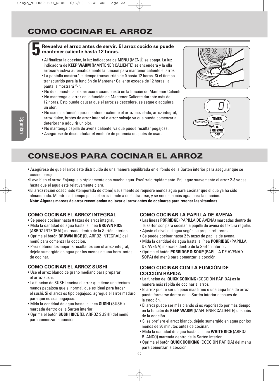 Como cocinar el arroz, Consejos para cocinar el arroz | Sanyo RICE COOKER & VERSATILE COOKER ECJ-M100S User Manual | Page 22 / 32