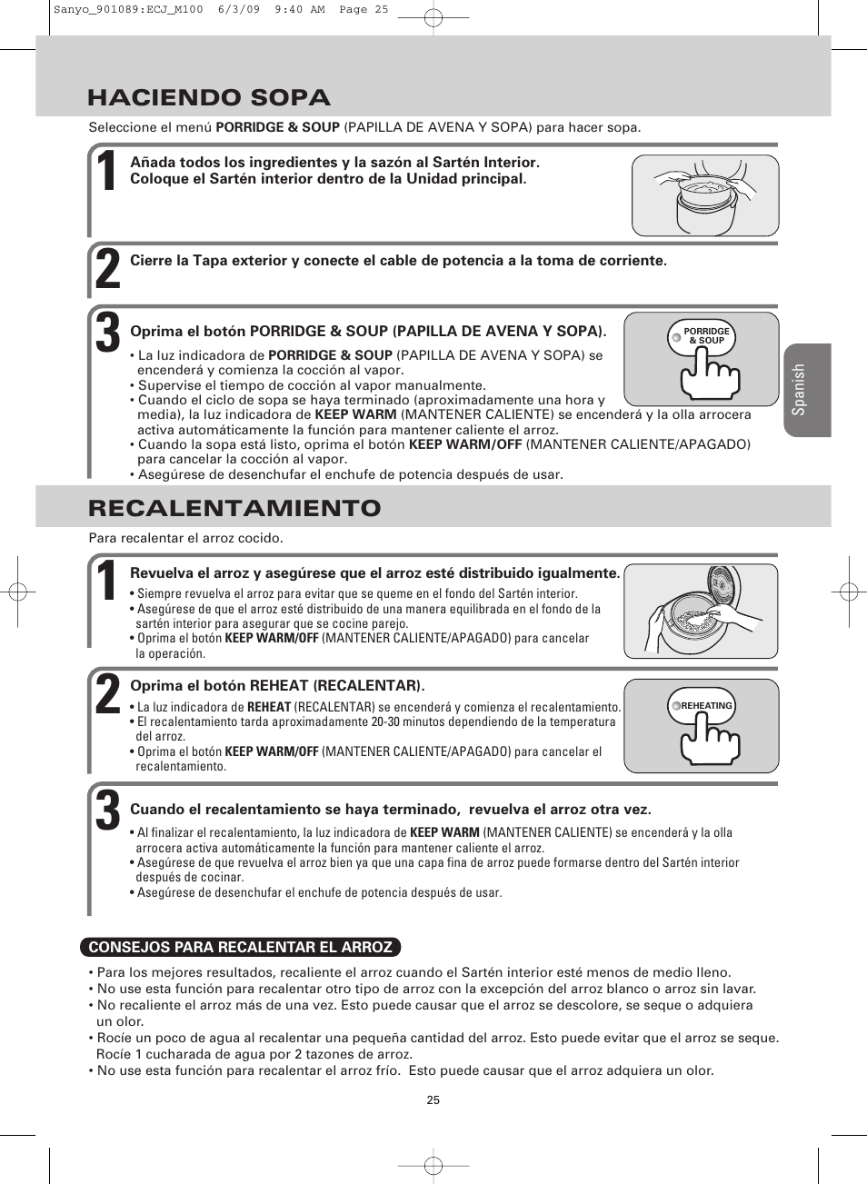 Haciendo sopa recalentamiento | Sanyo RICE COOKER & VERSATILE COOKER ECJ-M100S User Manual | Page 25 / 32