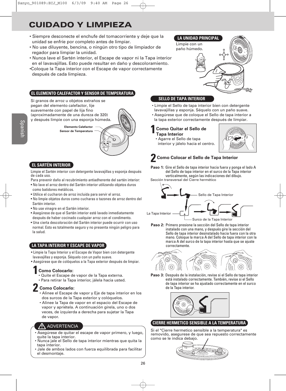 Cuidado y limpieza | Sanyo RICE COOKER & VERSATILE COOKER ECJ-M100S User Manual | Page 26 / 32