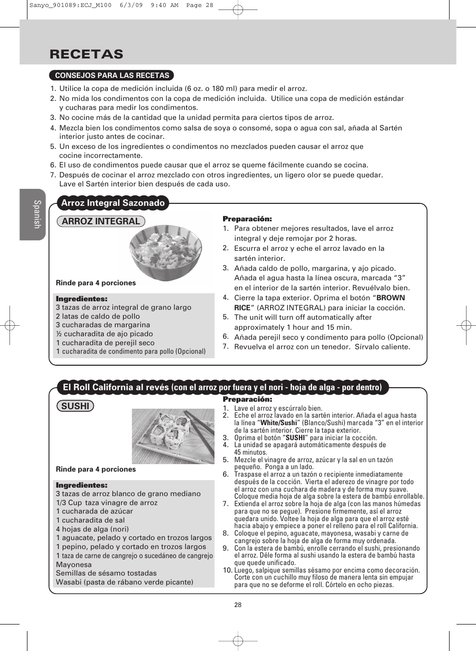 Recetas | Sanyo RICE COOKER & VERSATILE COOKER ECJ-M100S User Manual | Page 28 / 32
