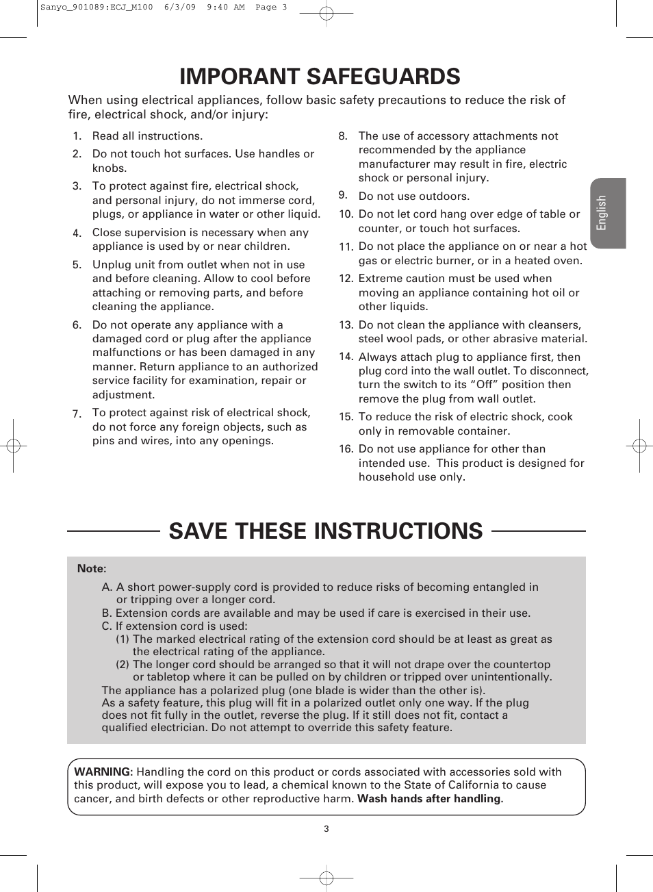 Imporant safeguards, Save these instructions | Sanyo RICE COOKER & VERSATILE COOKER ECJ-M100S User Manual | Page 3 / 32