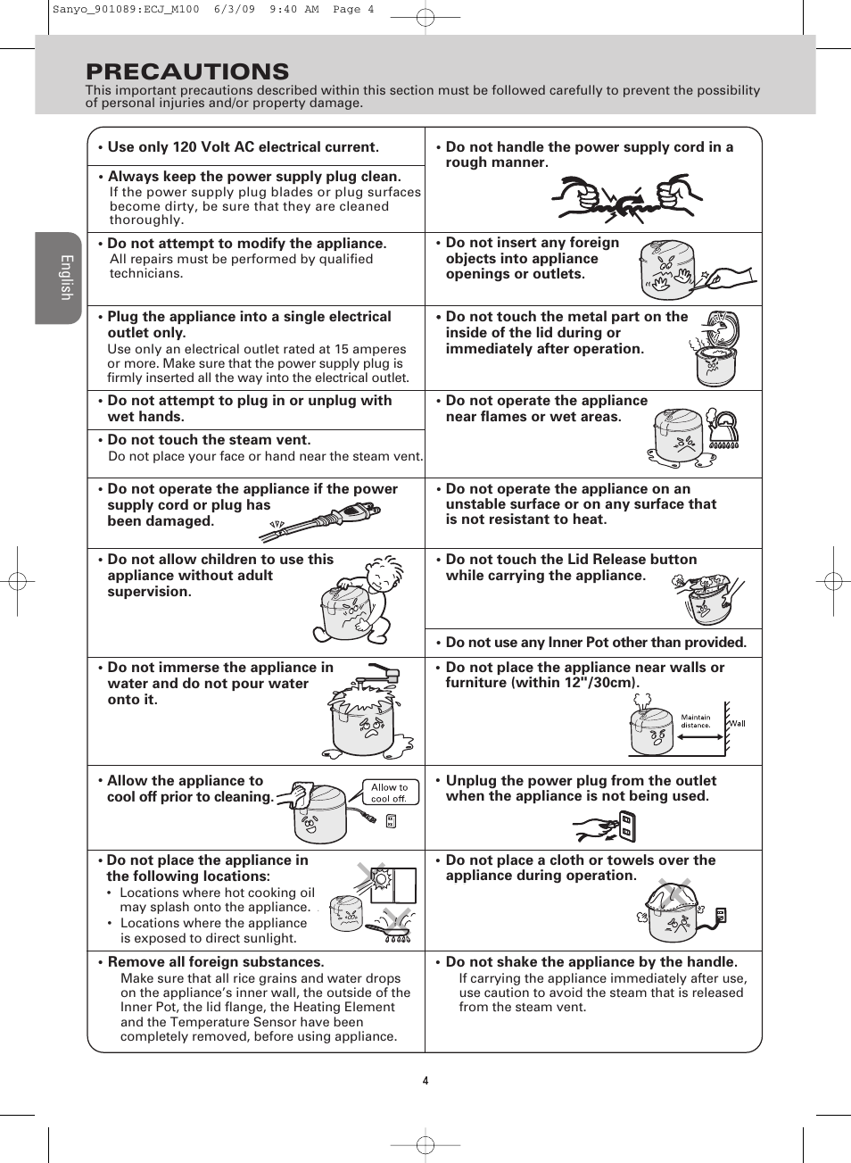 Precautions | Sanyo RICE COOKER & VERSATILE COOKER ECJ-M100S User Manual | Page 4 / 32