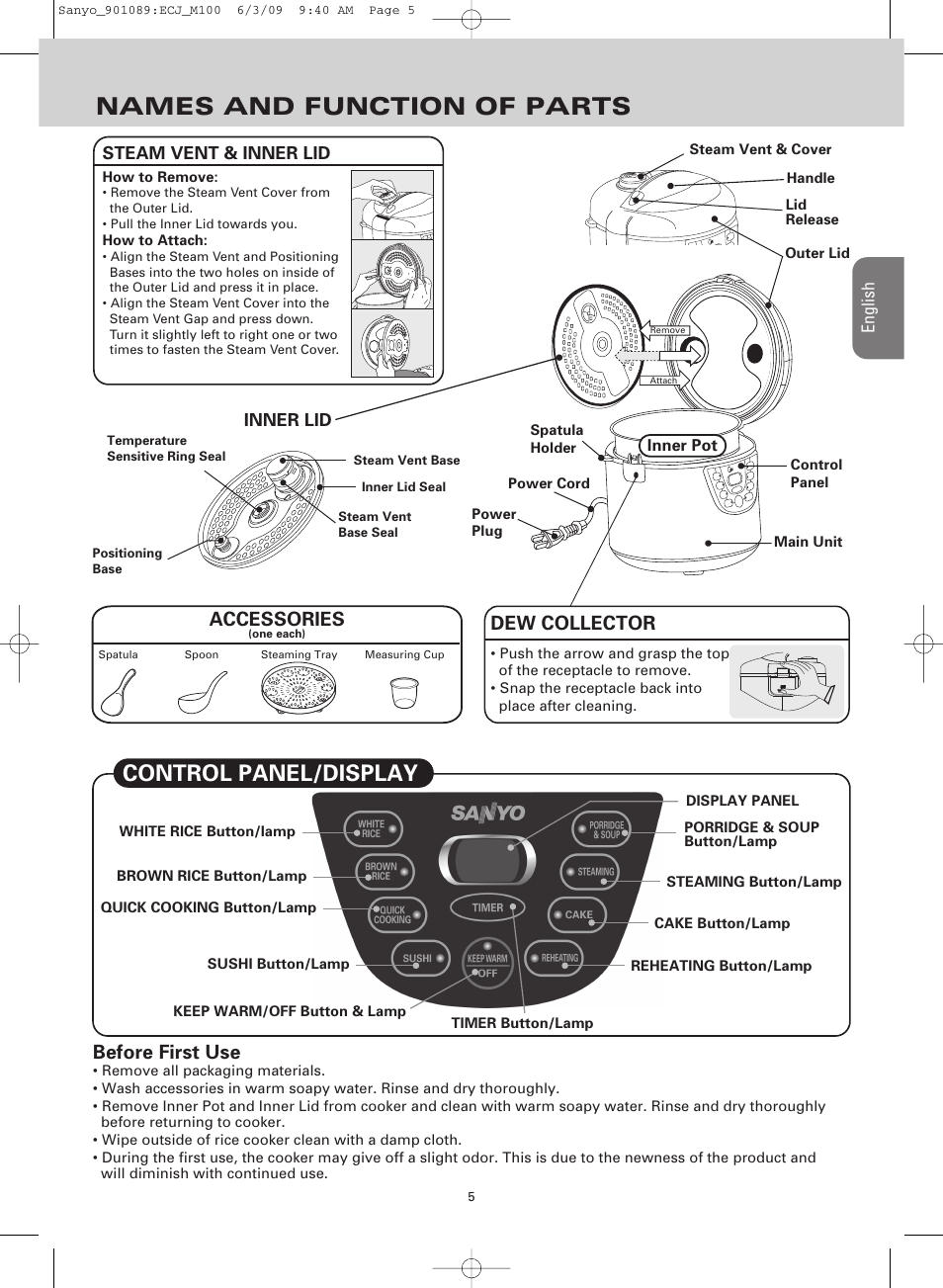 Names and function of parts, Control panel/display, Before first use | Accessories, Dew collector, En g lis h, Steam vent & inner lid, Inner lid | Sanyo RICE COOKER & VERSATILE COOKER ECJ-M100S User Manual | Page 5 / 32