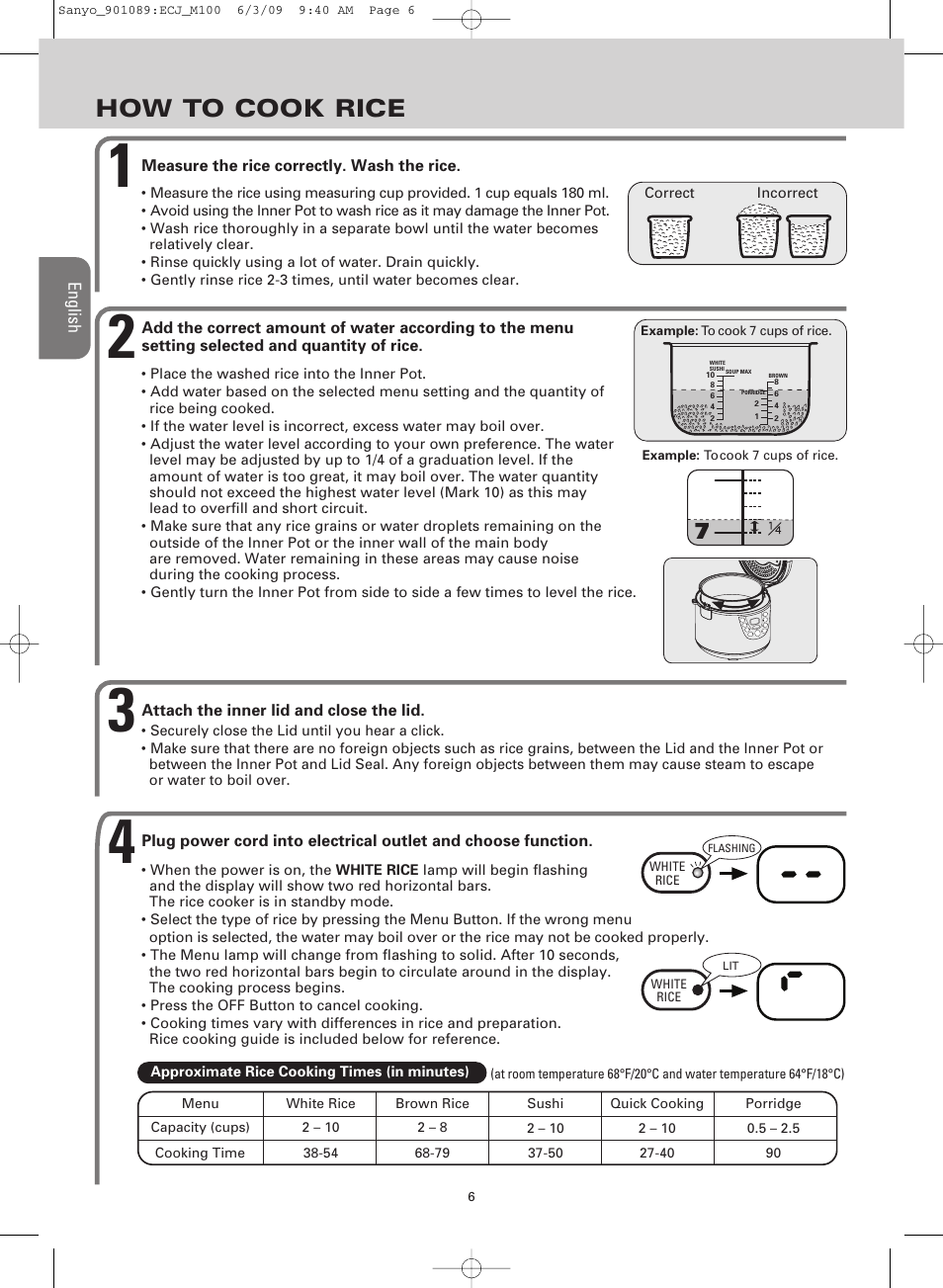 How to cook rice | Sanyo RICE COOKER & VERSATILE COOKER ECJ-M100S User Manual | Page 6 / 32