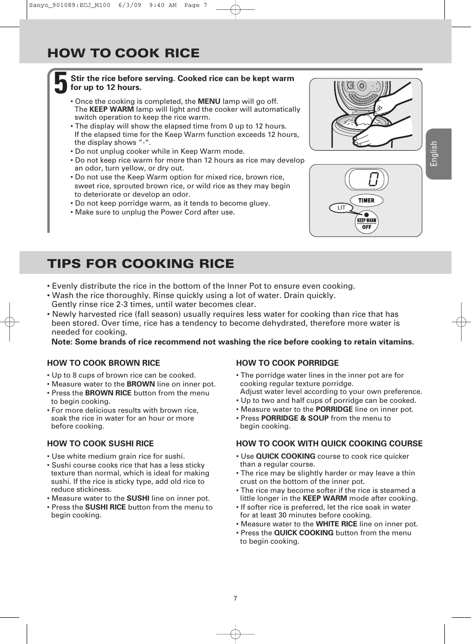 How to cook rice, Tips for cooking rice | Sanyo RICE COOKER & VERSATILE COOKER ECJ-M100S User Manual | Page 7 / 32