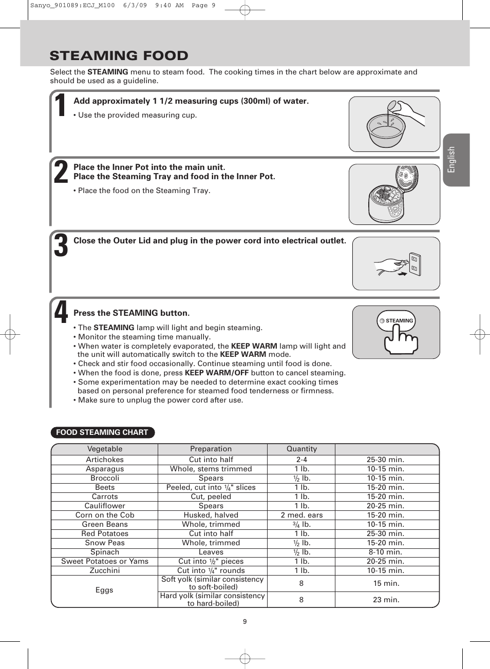 Steaming food | Sanyo RICE COOKER & VERSATILE COOKER ECJ-M100S User Manual | Page 9 / 32
