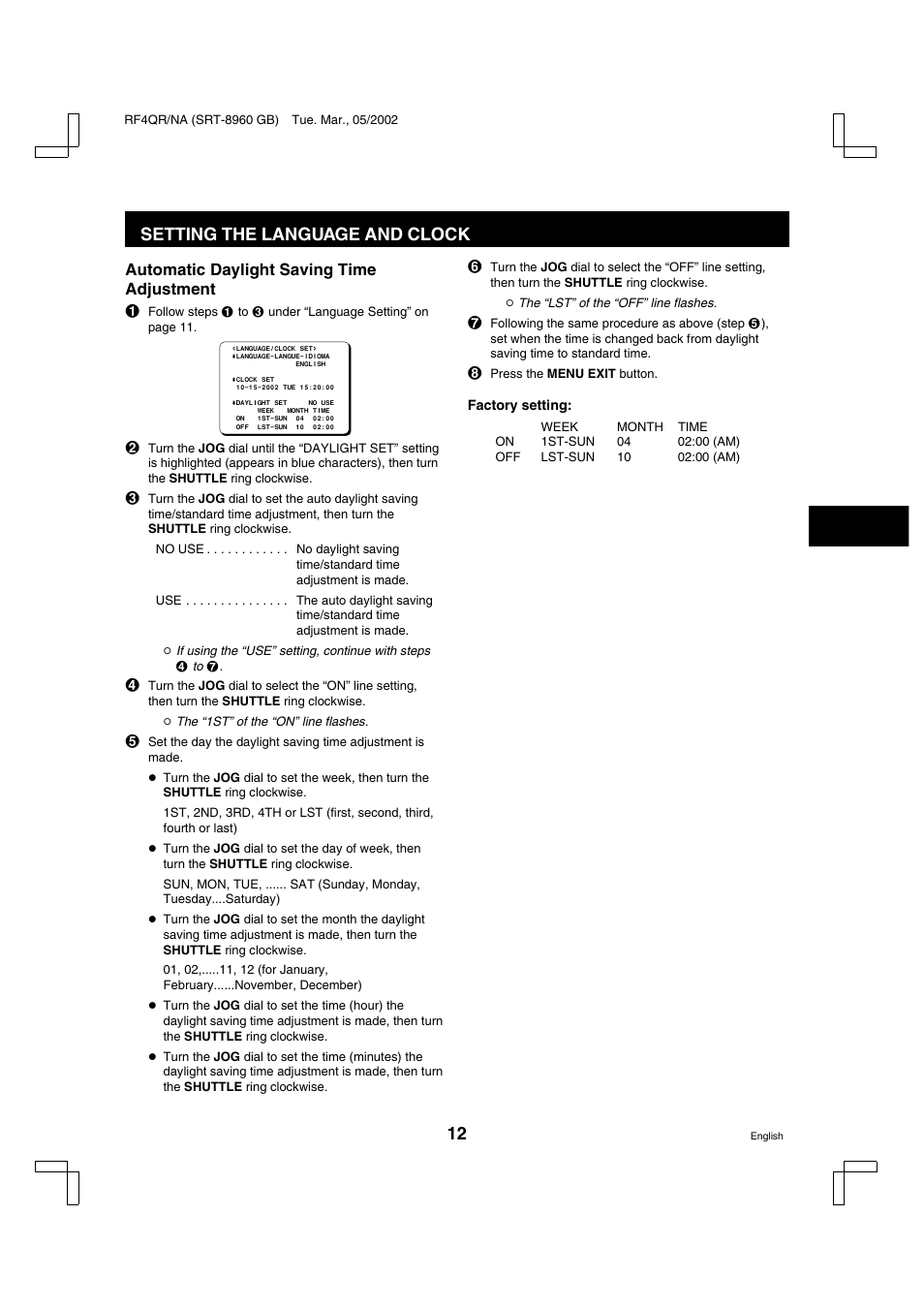 Setting the language and clock, Automatic daylight saving time adjustment | Sanyo SRT-8040 User Manual | Page 13 / 56