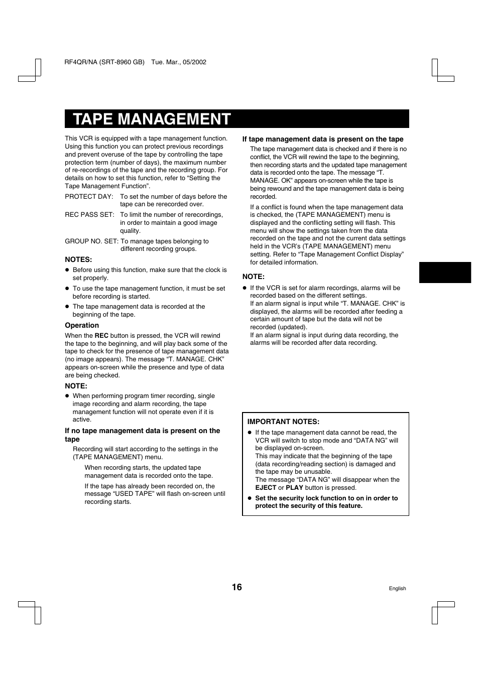 Tape management | Sanyo SRT-8040 User Manual | Page 17 / 56