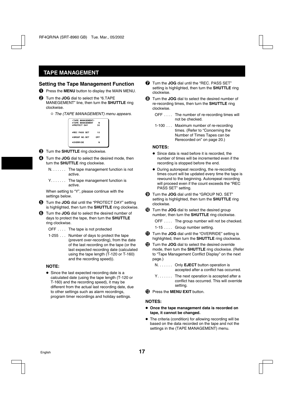 Tape management | Sanyo SRT-8040 User Manual | Page 18 / 56