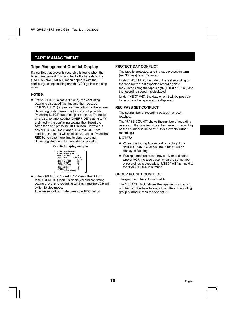 Tape management, Tape management conflict display | Sanyo SRT-8040 User Manual | Page 19 / 56