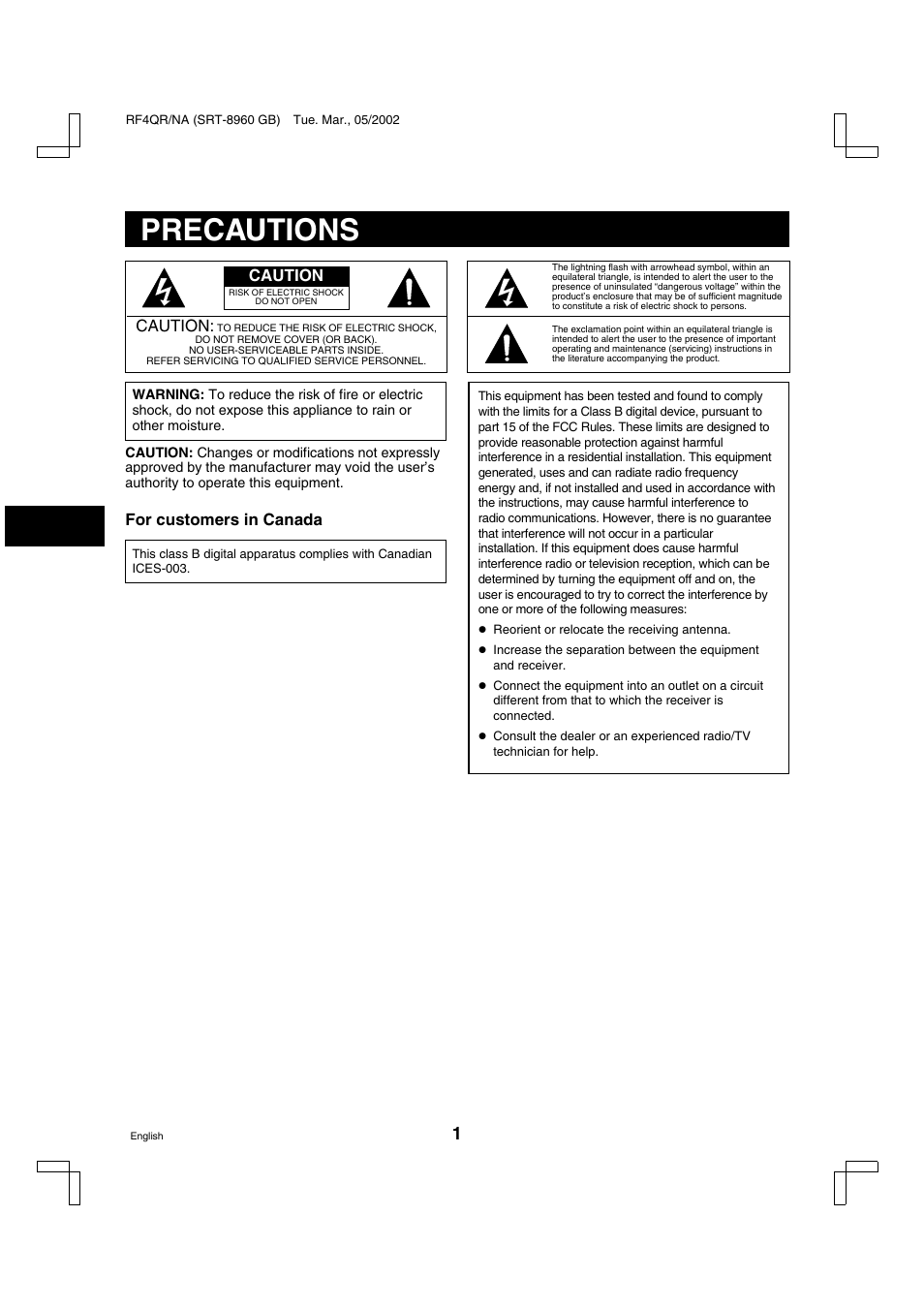 Precautions | Sanyo SRT-8040 User Manual | Page 2 / 56