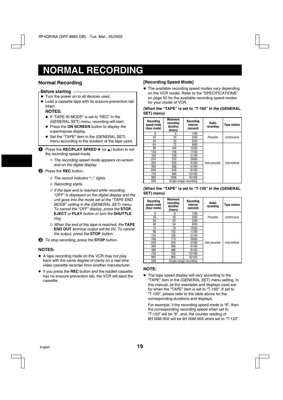 Normal recording | Sanyo SRT-8040 User Manual | Page 20 / 56
