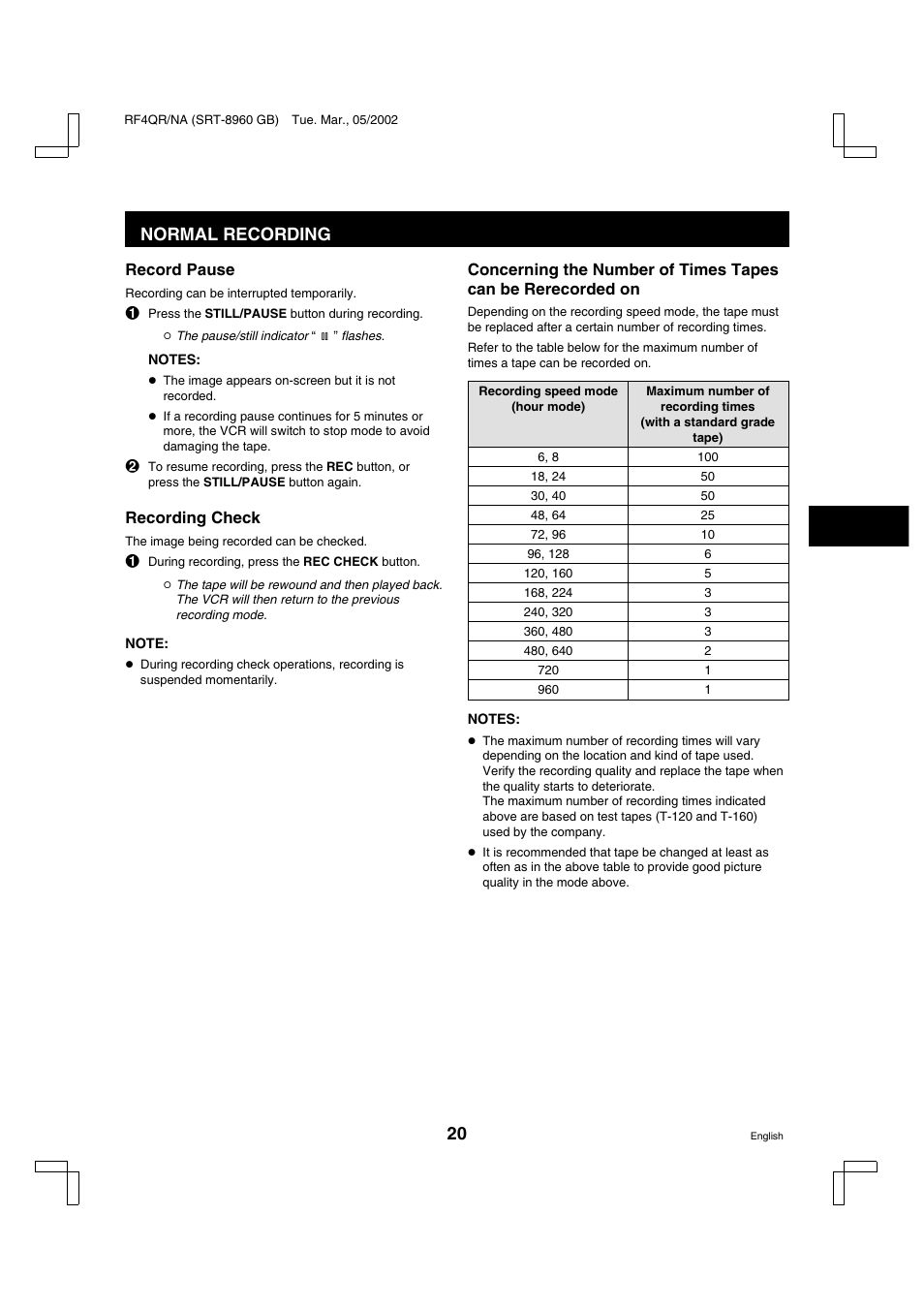 Normal recording | Sanyo SRT-8040 User Manual | Page 21 / 56
