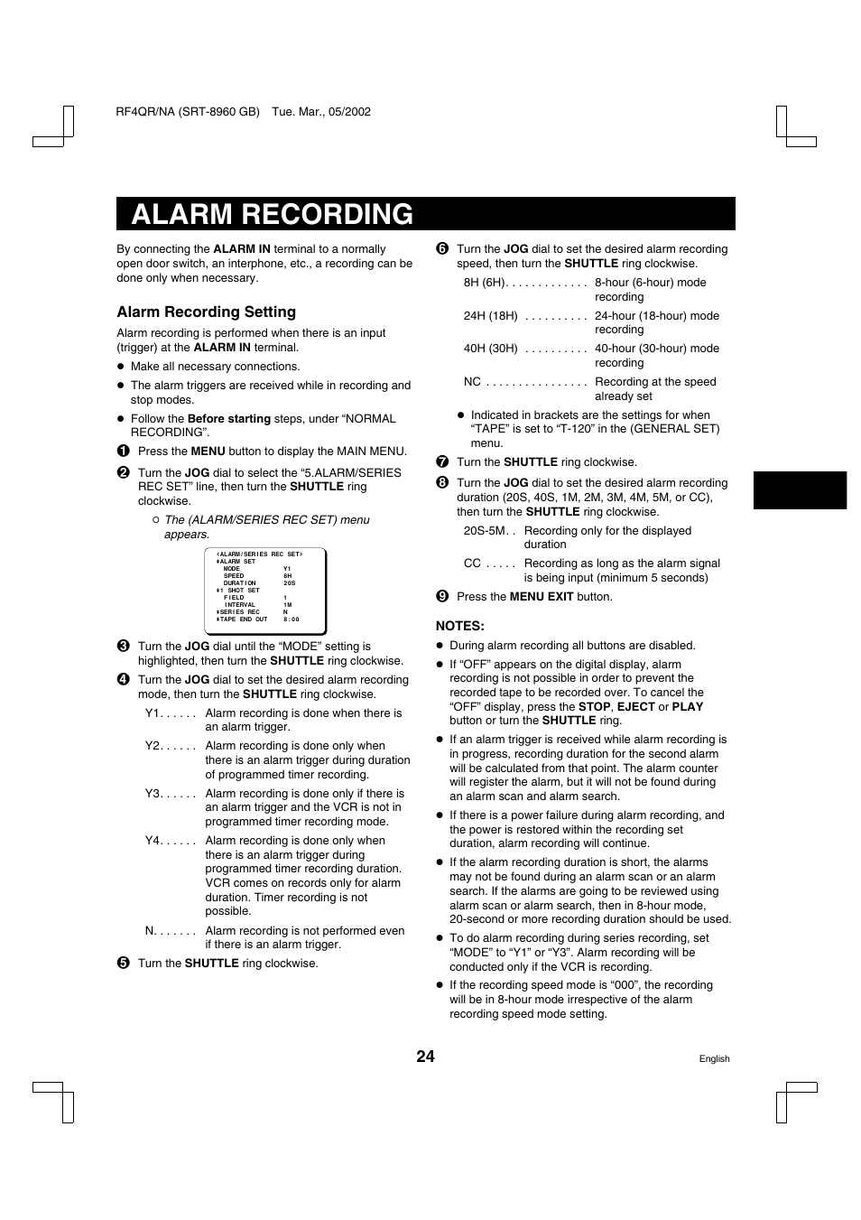 Alarm recording | Sanyo SRT-8040 User Manual | Page 25 / 56