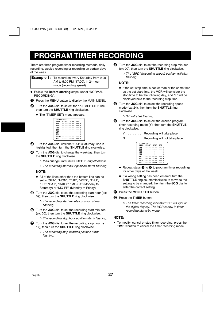 Program timer recording | Sanyo SRT-8040 User Manual | Page 28 / 56