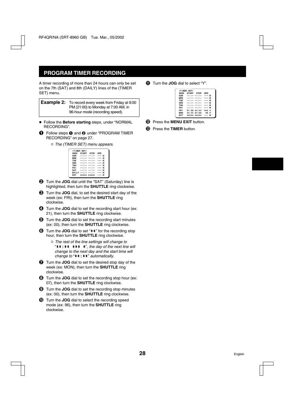 Program timer recording, Example 2 | Sanyo SRT-8040 User Manual | Page 29 / 56
