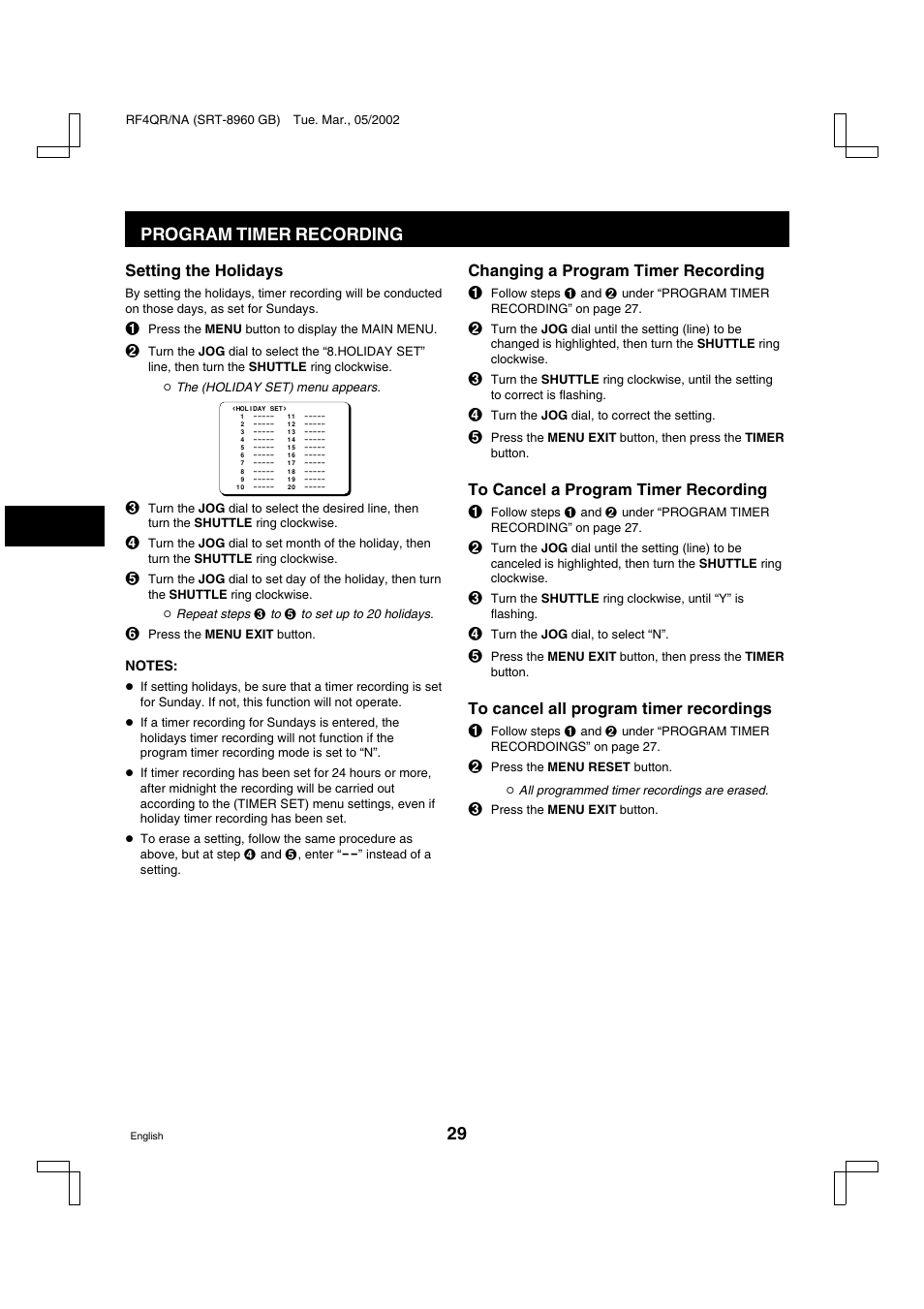 Program timer recording | Sanyo SRT-8040 User Manual | Page 30 / 56