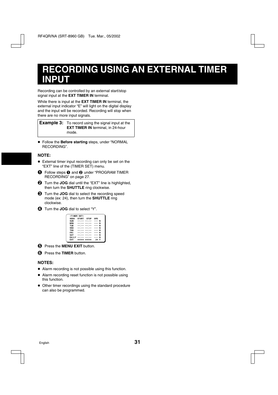 Recording using an external timer input | Sanyo SRT-8040 User Manual | Page 32 / 56