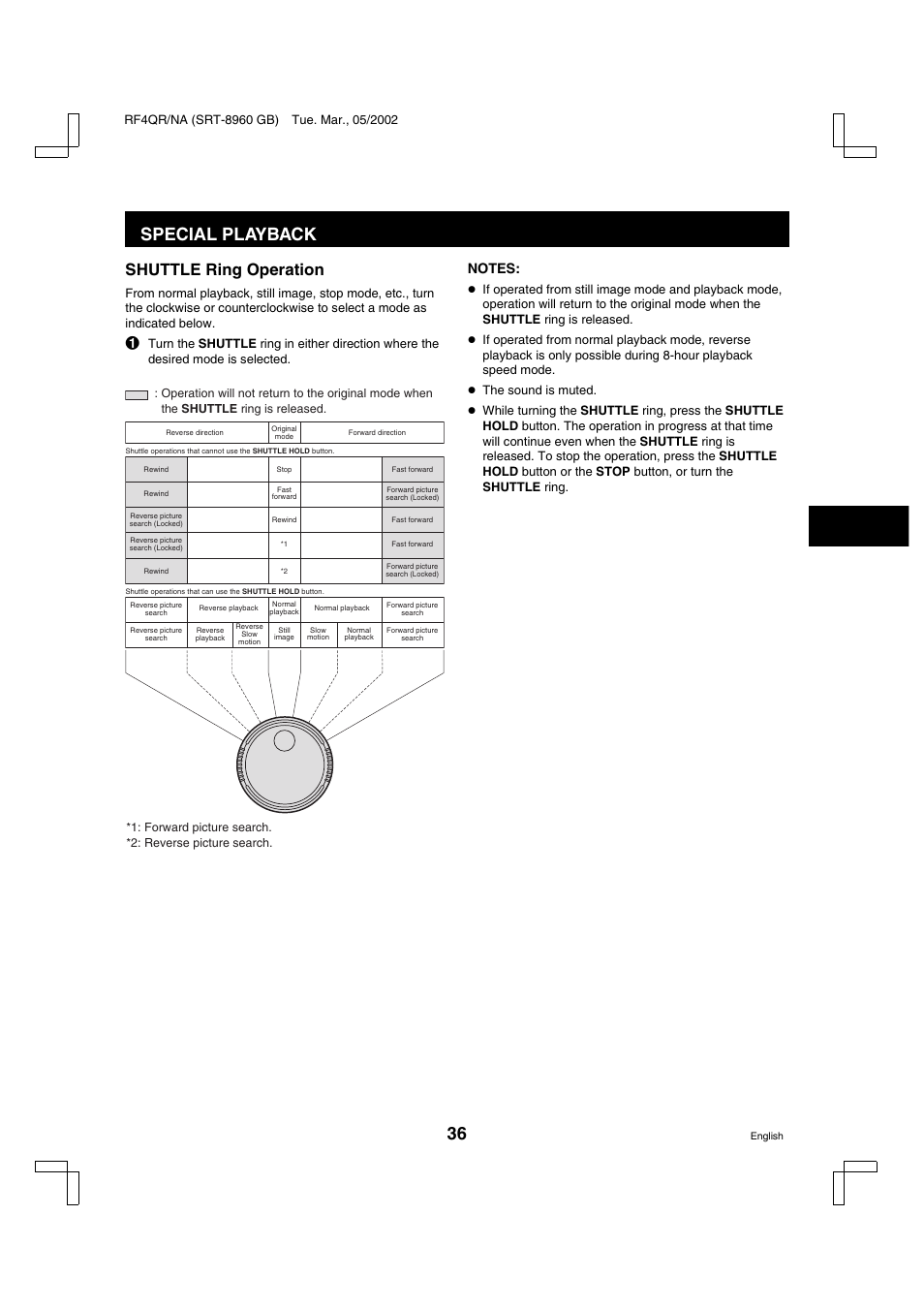 Special playback, Shuttle ring operation | Sanyo SRT-8040 User Manual | Page 37 / 56