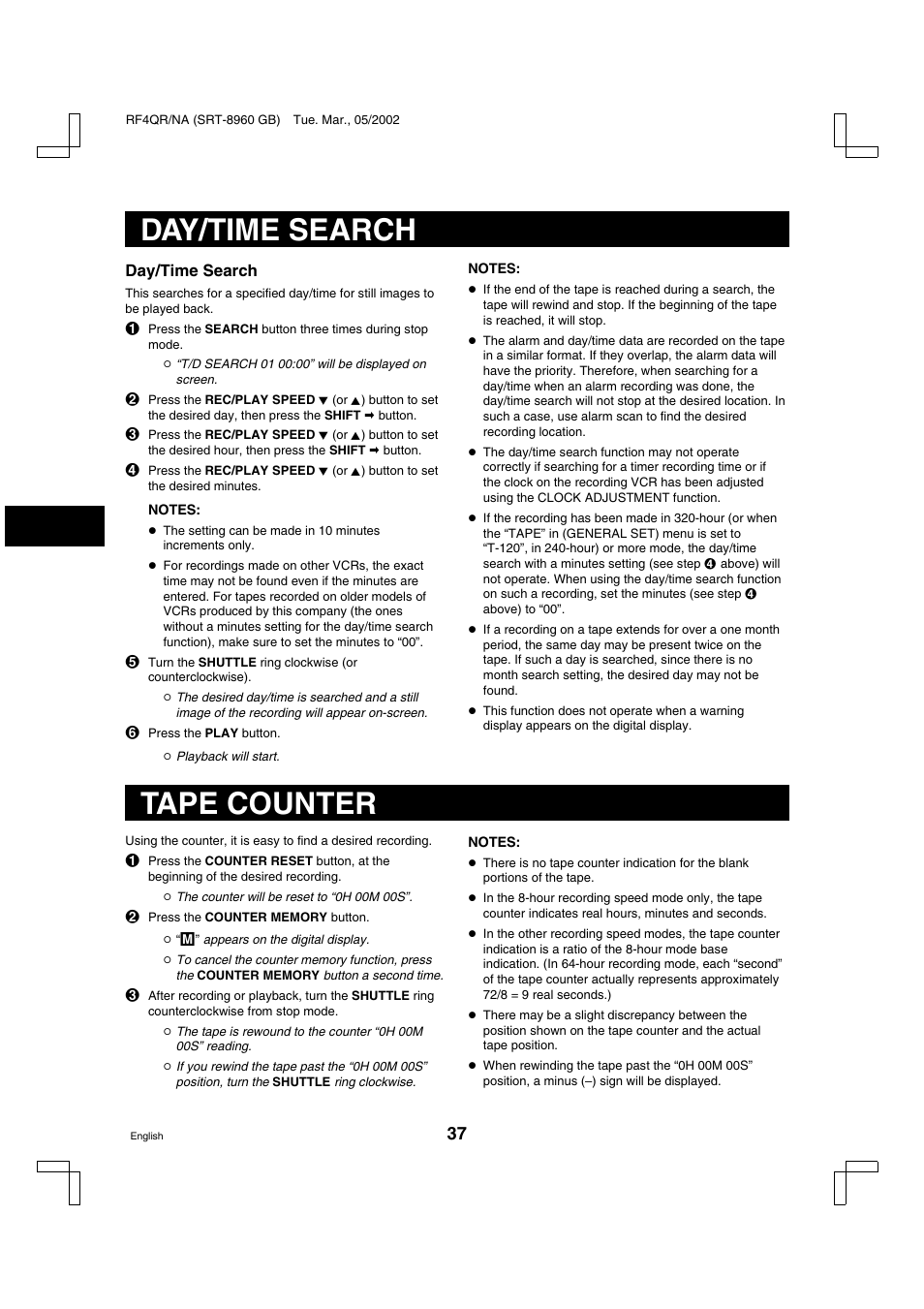 Day/time search, Tape counter | Sanyo SRT-8040 User Manual | Page 38 / 56