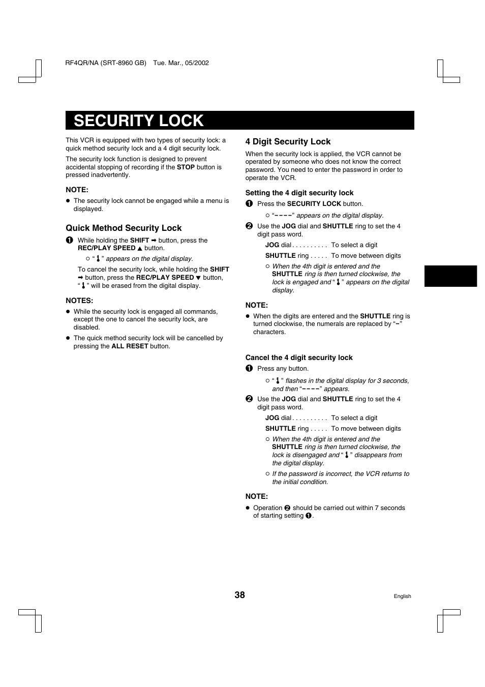 Security lock | Sanyo SRT-8040 User Manual | Page 39 / 56