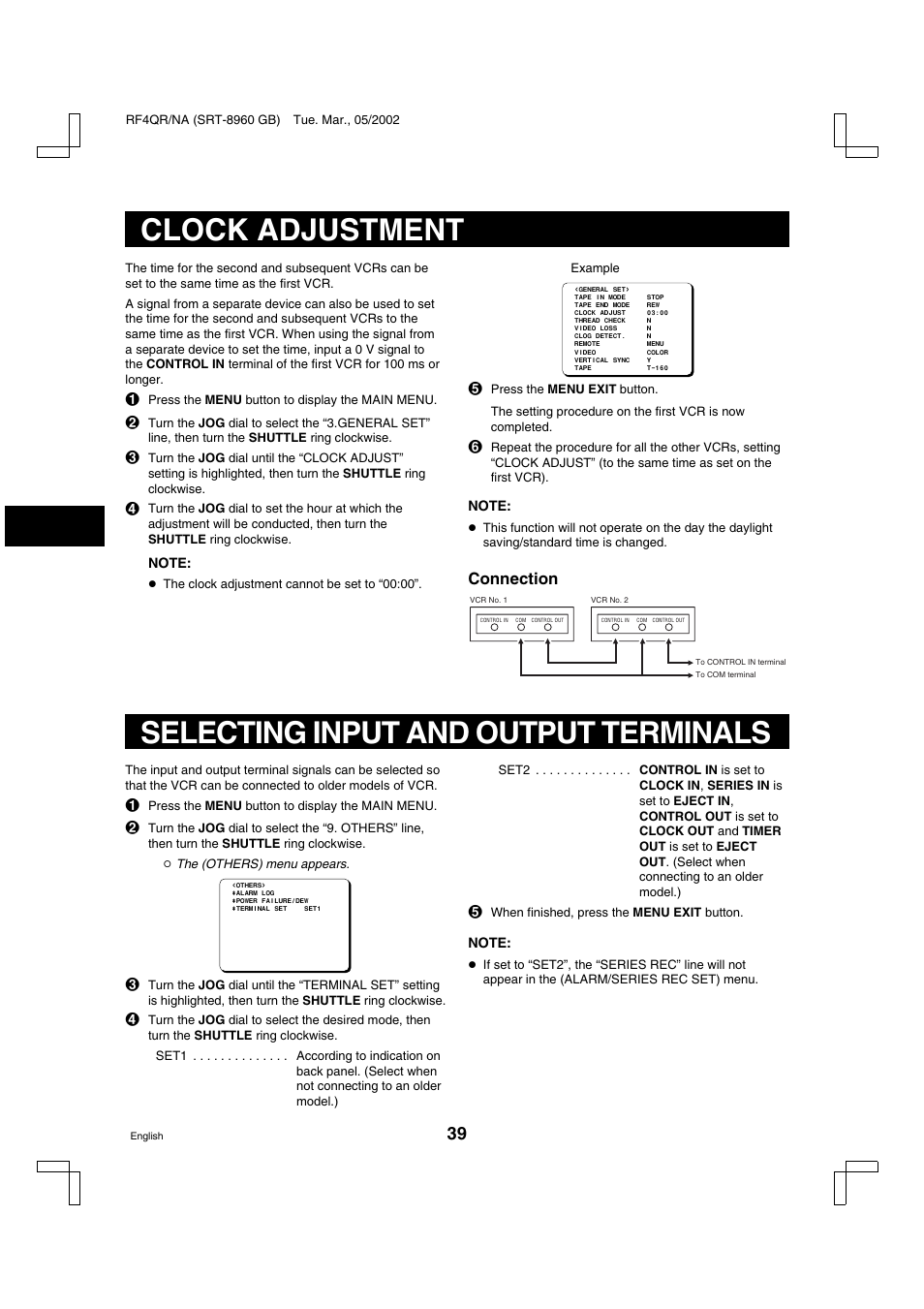Clock adjustment, Selecting input and output terminals, Connection | Sanyo SRT-8040 User Manual | Page 40 / 56