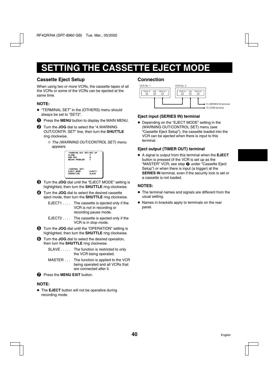 Setting the cassette eject mode, Cassette eject setup, Connection | Sanyo SRT-8040 User Manual | Page 41 / 56