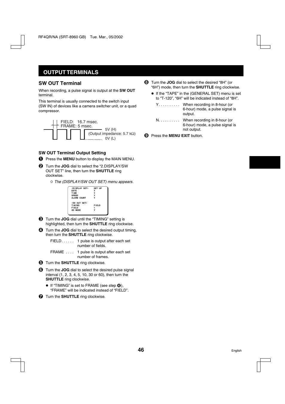 Output terminals, Sw out terminal | Sanyo SRT-8040 User Manual | Page 47 / 56