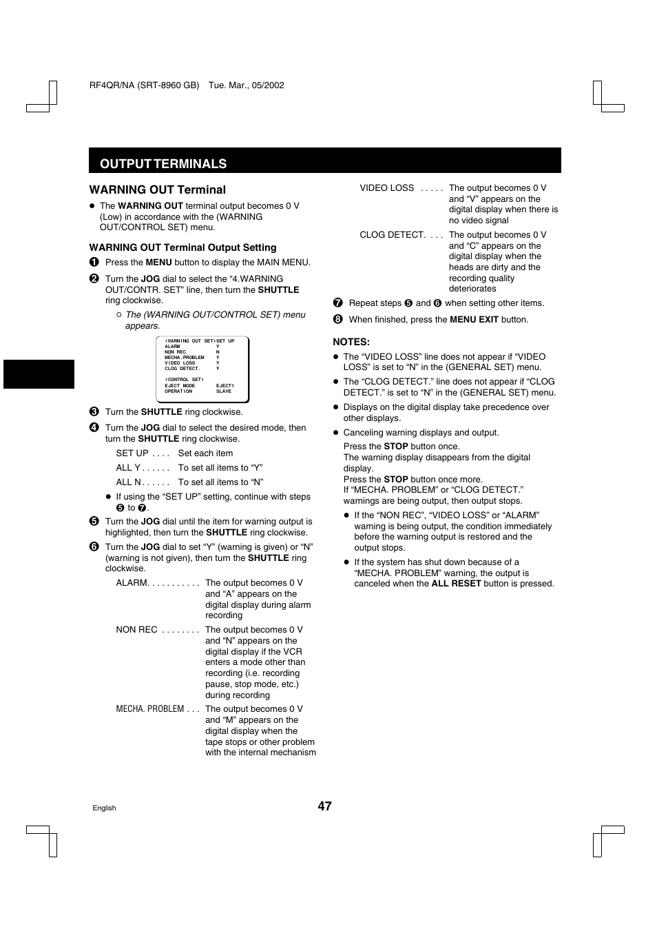 Output terminals, Warning out terminal | Sanyo SRT-8040 User Manual | Page 48 / 56