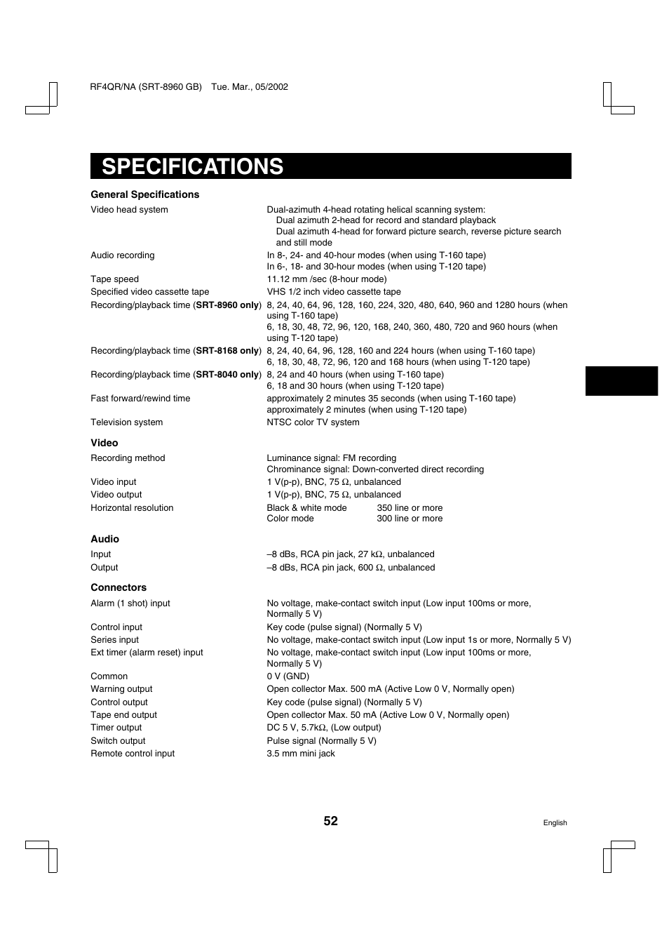 Specifications | Sanyo SRT-8040 User Manual | Page 53 / 56