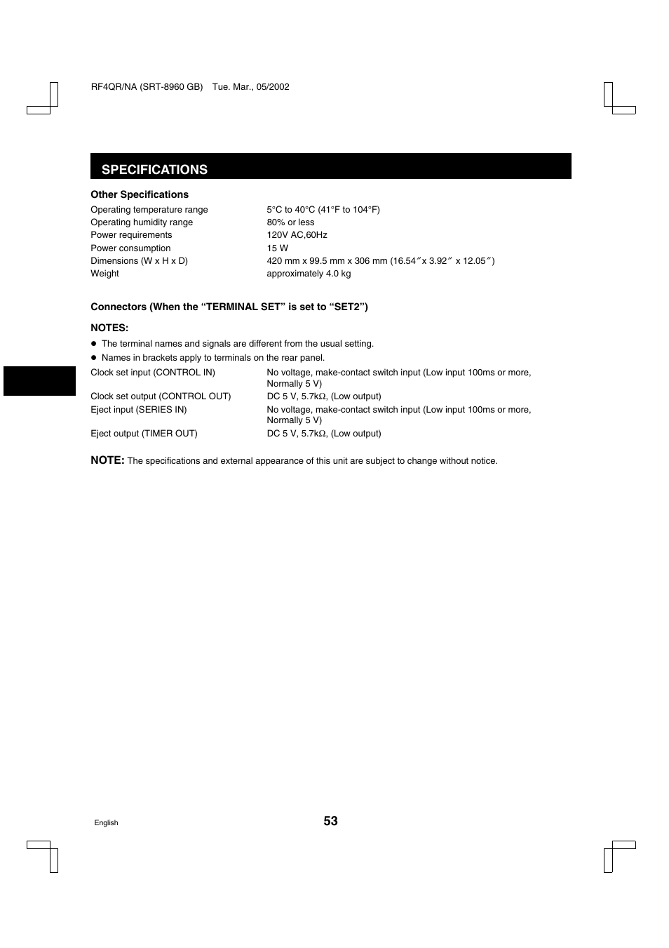 Specifications | Sanyo SRT-8040 User Manual | Page 54 / 56